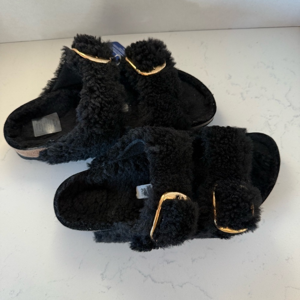 Birkenstock Arizona Big Buckle Shearling Slide Sandals Black Size 7 NIB - Picture 3 of 5